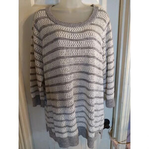 Liz Claiborne Pullover Sweater Gray Stripes Open Weave Sz 1X